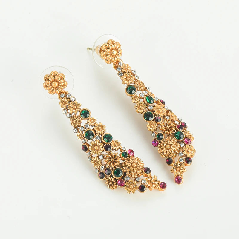 Women Vintage Rhinestones Flower Designer Charm Antique Drop Dangle Earrings