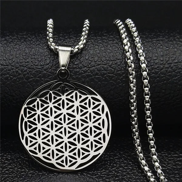 Women Men Flower of Life Stainless Steel Gold Color Mandala Long Necklace