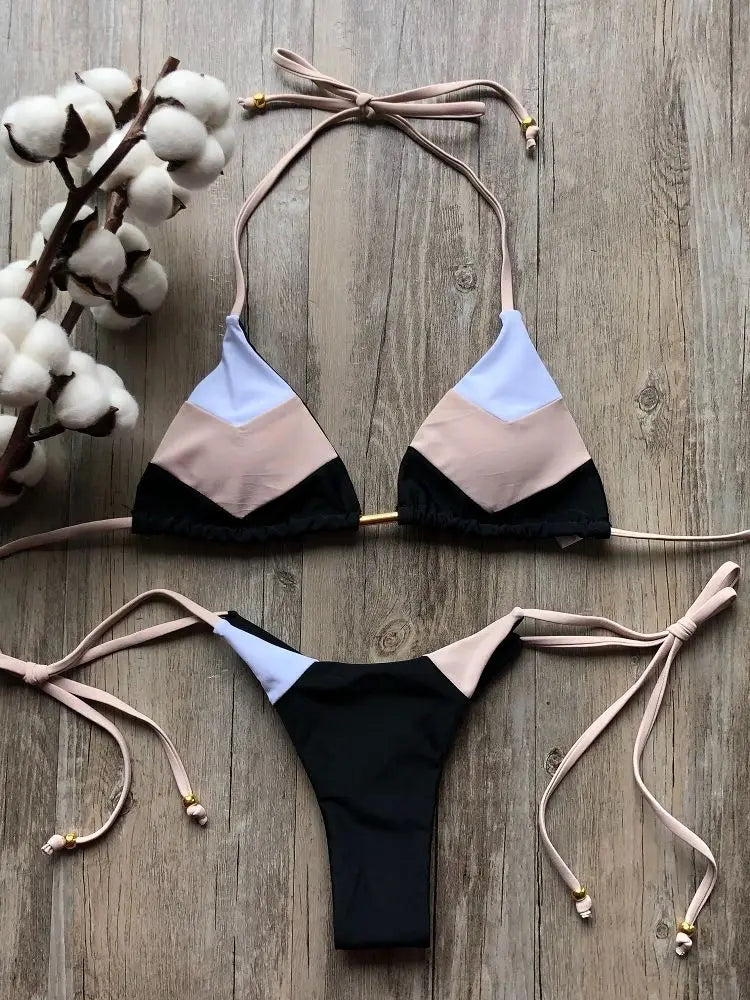 Sexy Halter Thong Micro Bikini Push Up Brazilian Tropical Plant Print String Mini Swimsuit