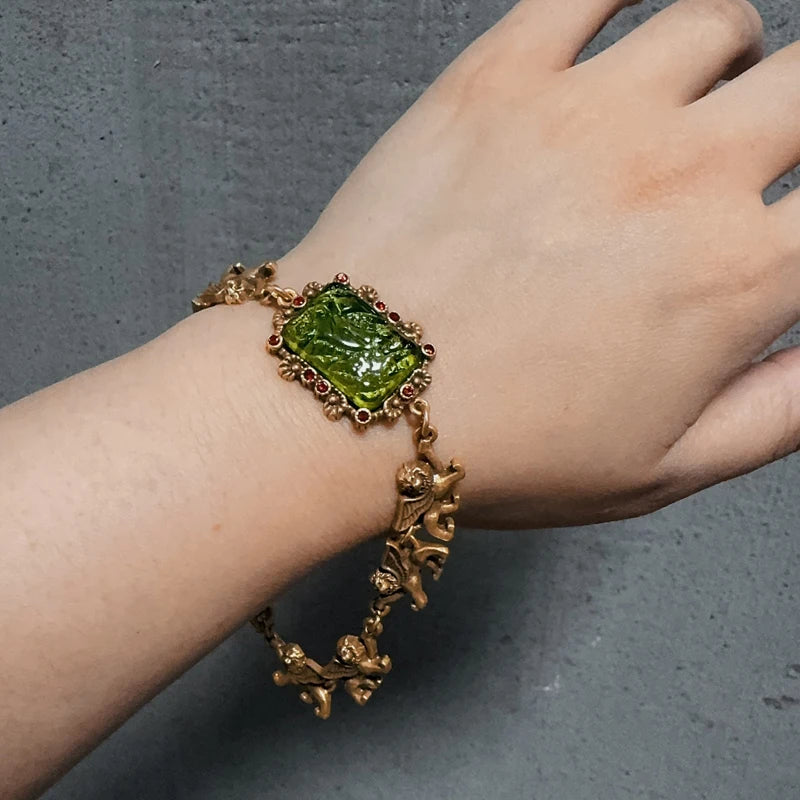 Women Vintage Green Glass Charm Square Relief Lion Real Gold Plated Designer Bracelet