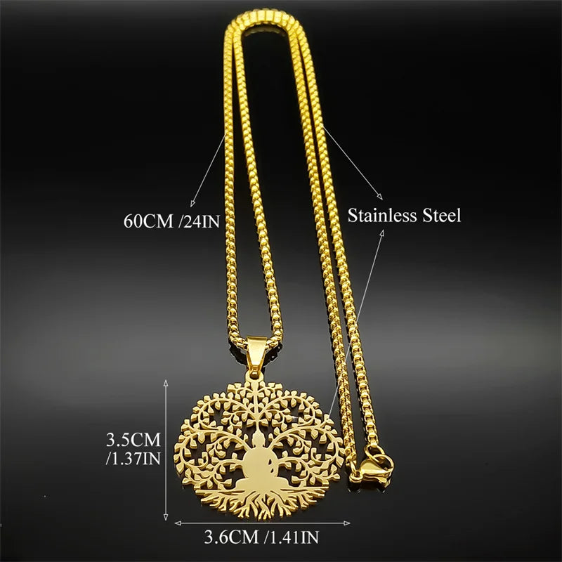 Unisex Tree of Life Buddhism Meditation Stainless Steel Gold Color Chain Necklace