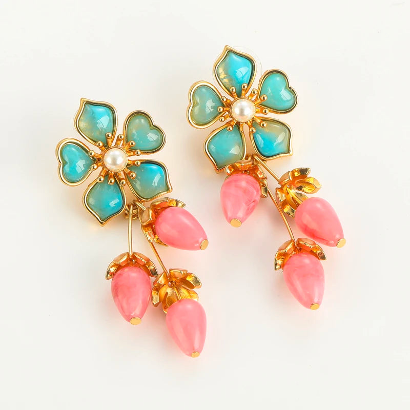 Luxury Blue Flower Natural Stone Pink Strawberry Rose Quartz Drop Gold Color Earrings Dangle