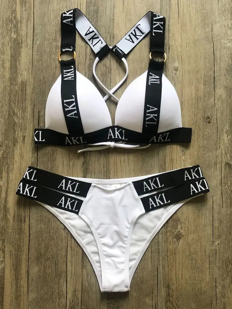 Sexy Letter prints Push up Bandage Black Swimwear Swimming bathing suit
