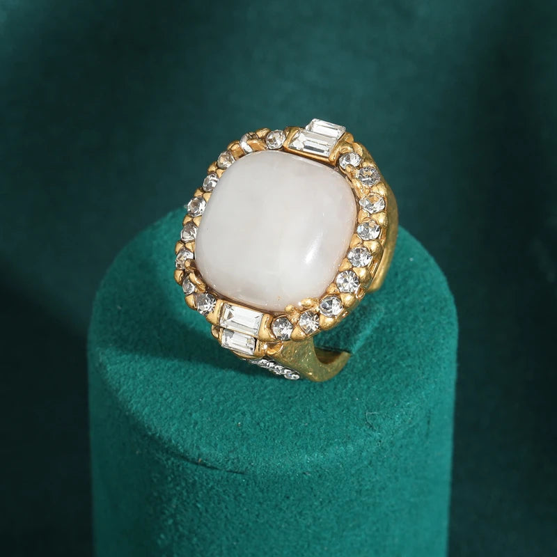 Luxury Vintage Square Shape Opal Pink Natural Stone Rhinestone Antique Wedding Ring