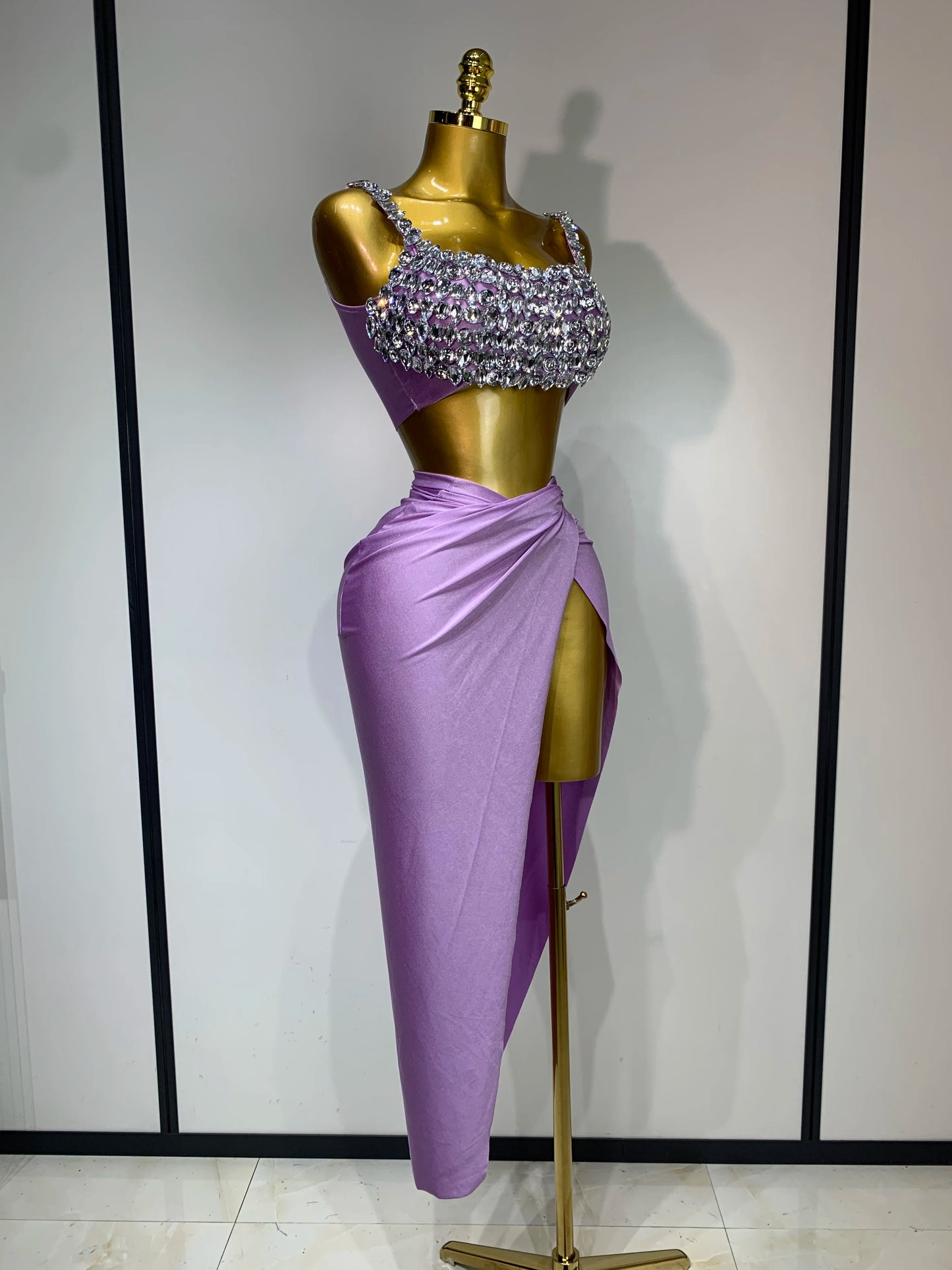 Women Sparkly Rhinestone Crop Tops Long Skirt Two Pieces Birthday Party Dinner Dress