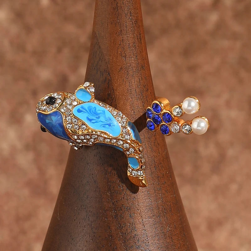  Vintage Blue Enamel Goldfish Pearl Rhinestone Women Open Gold Plated Designer Ring