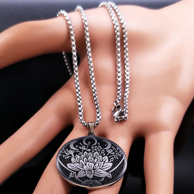 2024 Wicca Lotus Stainless Steel Black Silver Color Chain Pendant Necklace