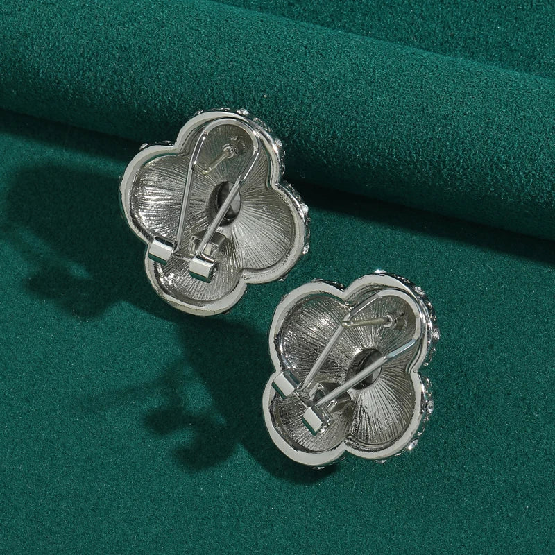 Luxury Designer Large Blue Clover Four Leafs Flower Stud Charms Vintage Earrings