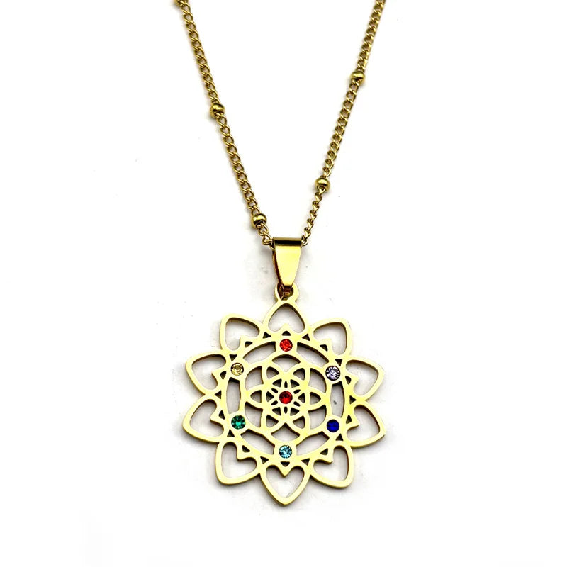 Sacred Geometry 7 Chakra Metatron Stainless Steel Flower of Life Gold Color Chain Necklace