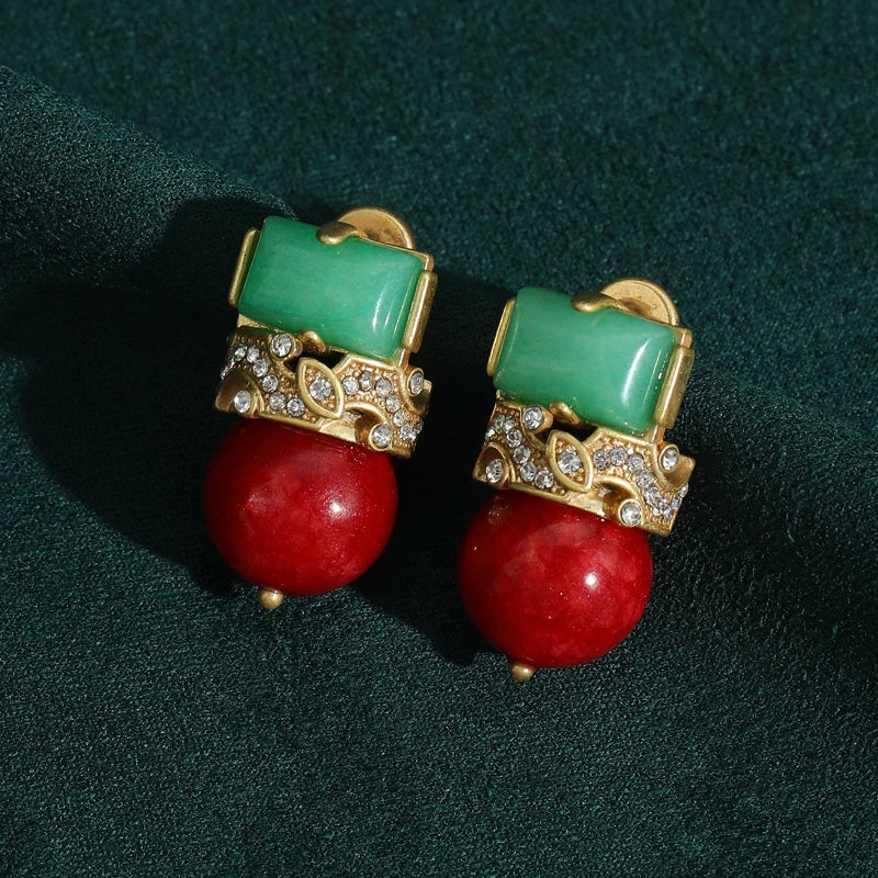 Antique Jewelry Green Natural Stone Red Glass Ball Stud Crown Vintage Wedding Earrings