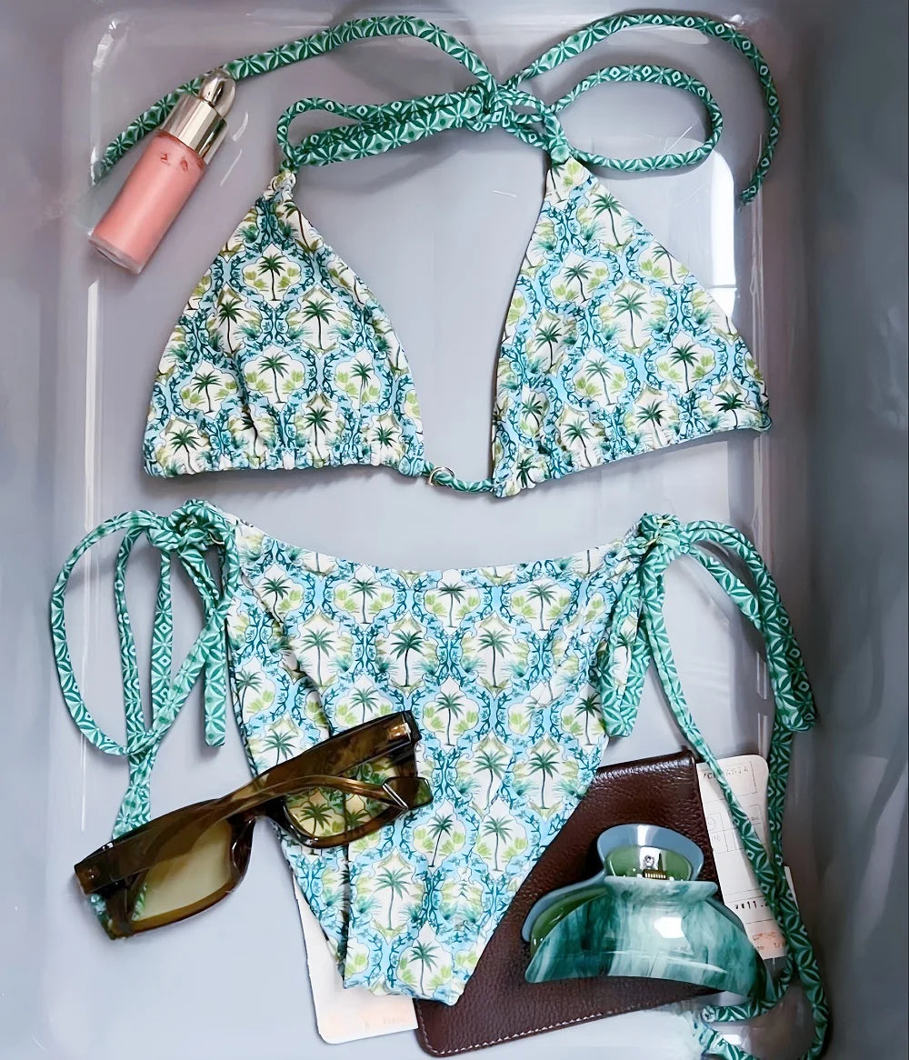 Sexy Triangle Coconut Tree Print Bikini Two-piece Halter Swimwear Brazilian Bathing Suit