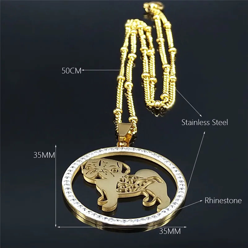 Pug Dog Stainless Steel Crystal Necklace Pendant Gold Color Chain Necklace