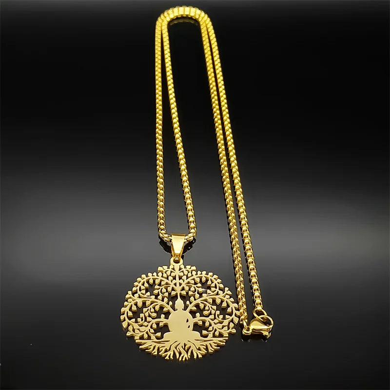 Unisex Tree of Life Buddhism Meditation Stainless Steel Gold Color Chain Necklace