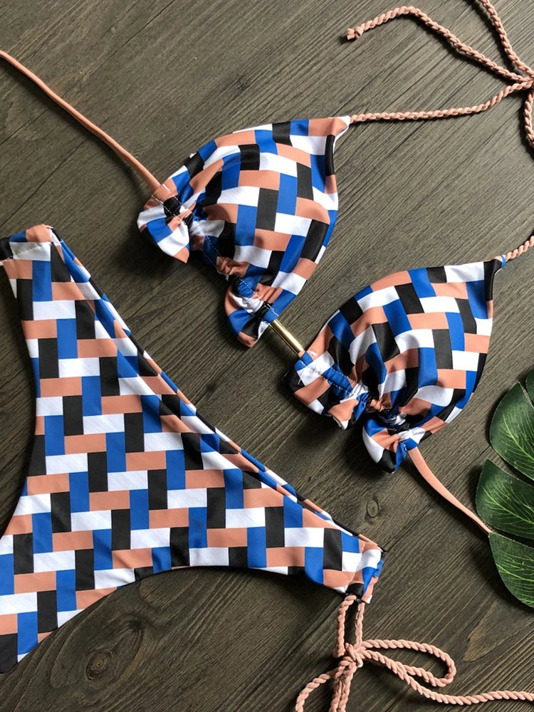 Striped Knotted Swimsuit Beach Sexy Thong Swimwear Bandage Brazilian Mirco Bikinis