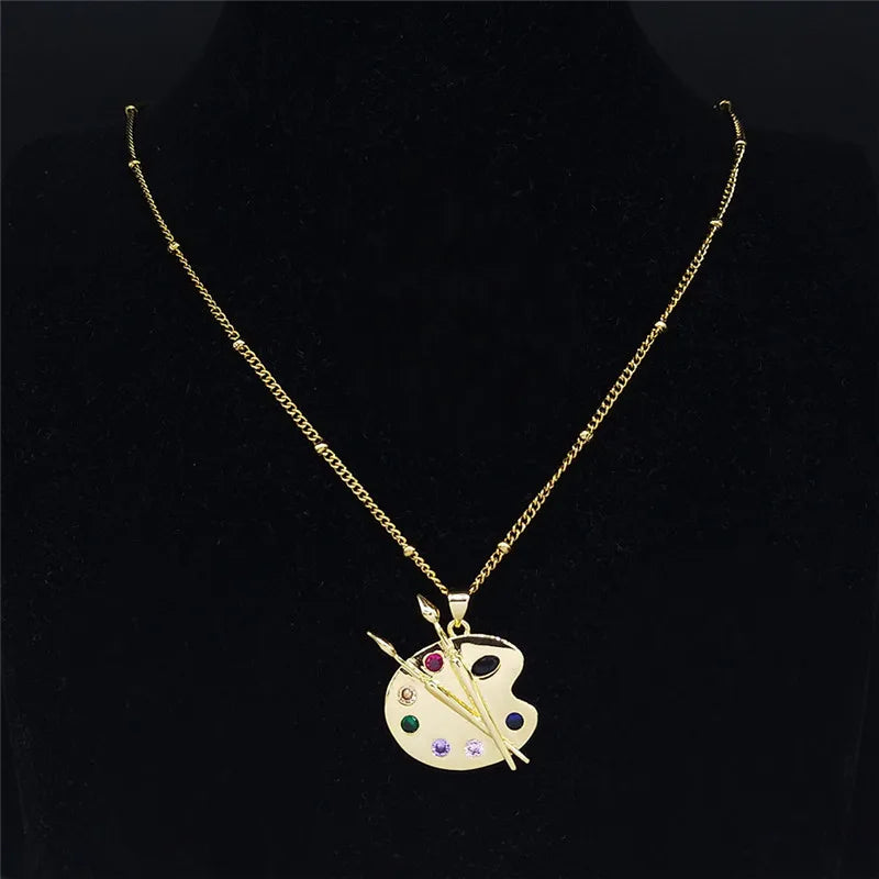 Painting Plate Zircon Stainless Steel Art Pigment Palette Choker Necklace