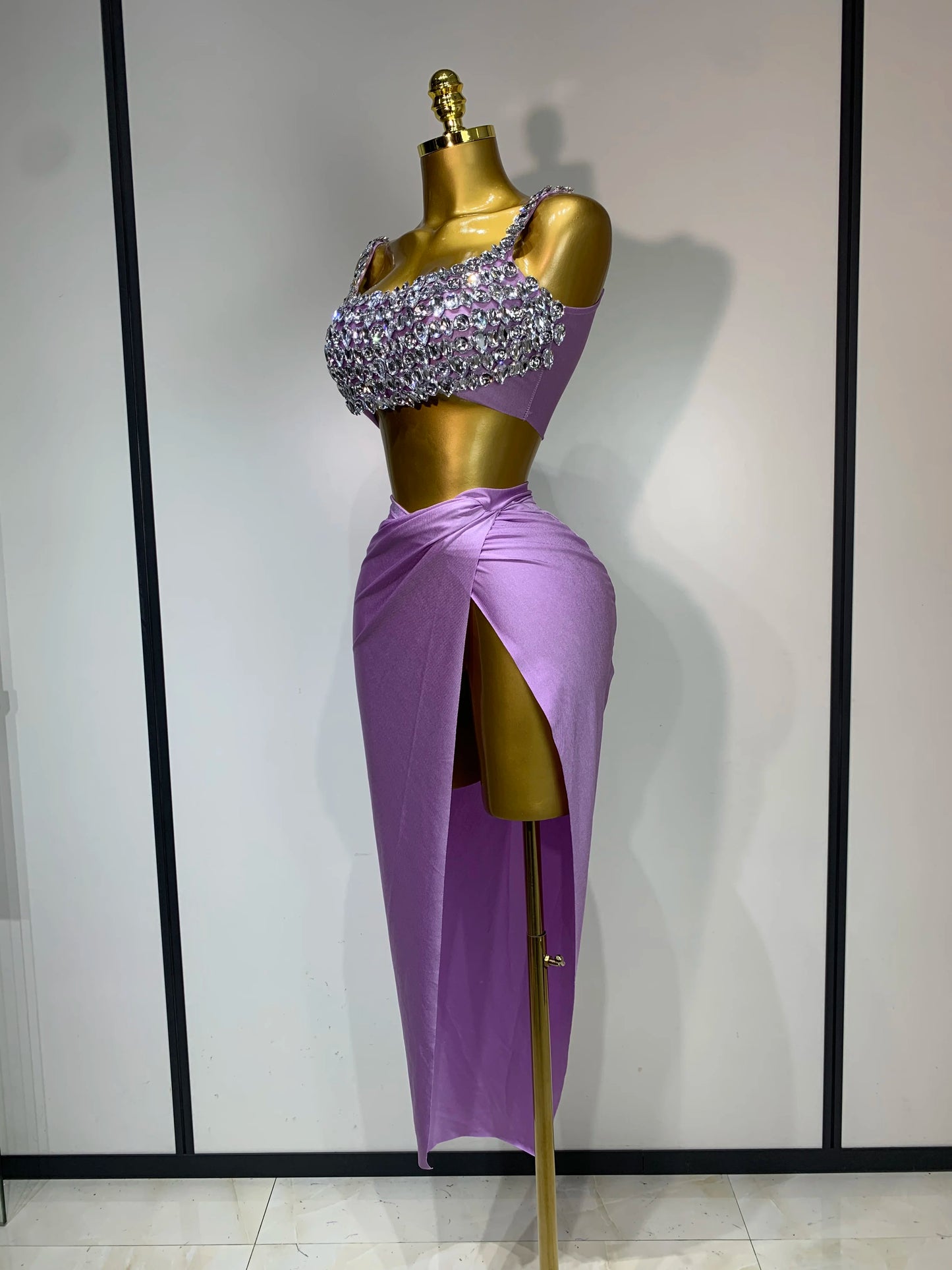 Women Sparkly Rhinestone Crop Tops Long Skirt Two Pieces Birthday Party Dinner Dress