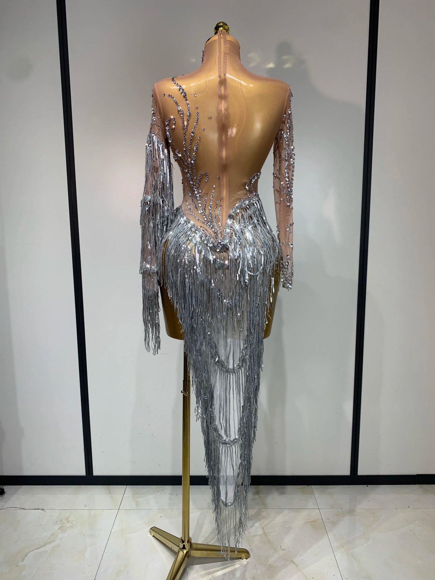Sexy Rhinestone Sequins Tassel Mesh See Through Evening Party Nightclub Singer Sparkly Dress