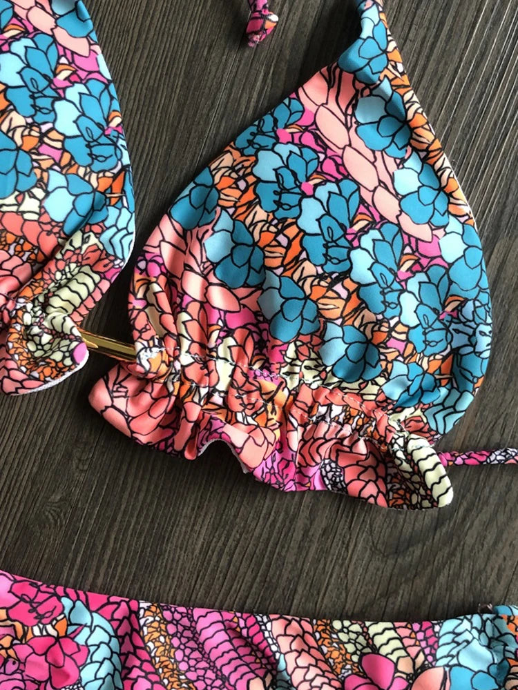 Sexy Floral Print Swimwear String Push Up Swimsuit Beach Bikini Suit