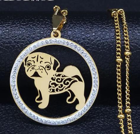 Pug Dog Stainless Steel Crystal Necklace Pendant Gold Color Chain Necklace