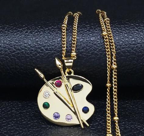 Painting Plate Zircon Stainless Steel Art Pigment Palette Choker Necklace