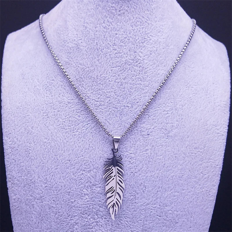 Boho Leaf Feather Women Men Stainless Steel Silver Color Chain Pendant Necklace
