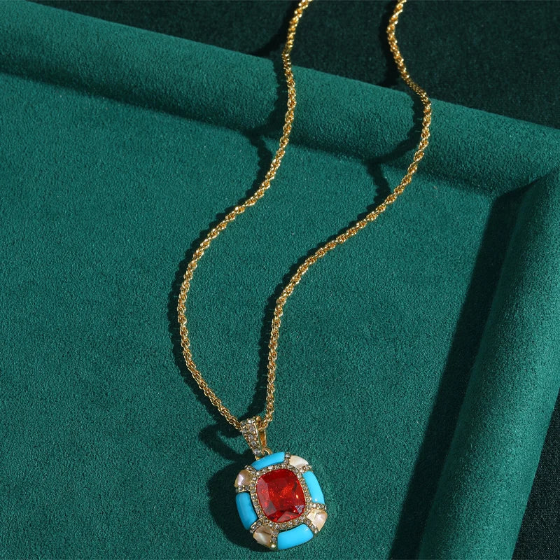 Vintage Designer Blue Enamel Red Glass Square Hanging French Stylish Luxury Charm Pendant Necklace