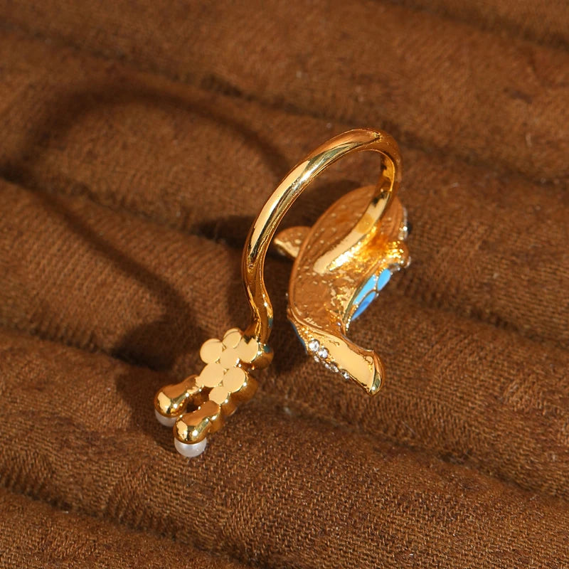  Vintage Blue Enamel Goldfish Pearl Rhinestone Women Open Gold Plated Designer Ring