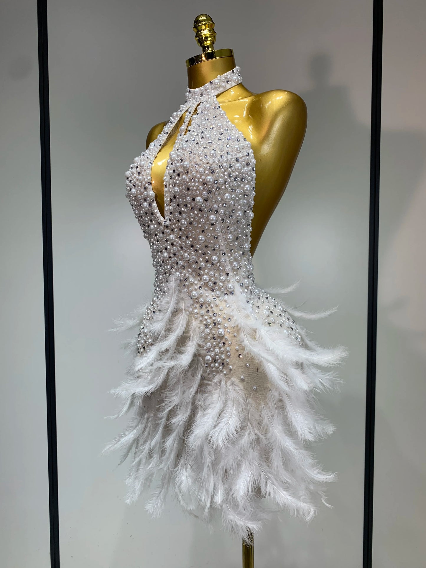 Sexy Halter Backless Feather Pearl Short Party Rhinestone Birthday Evening Dress
