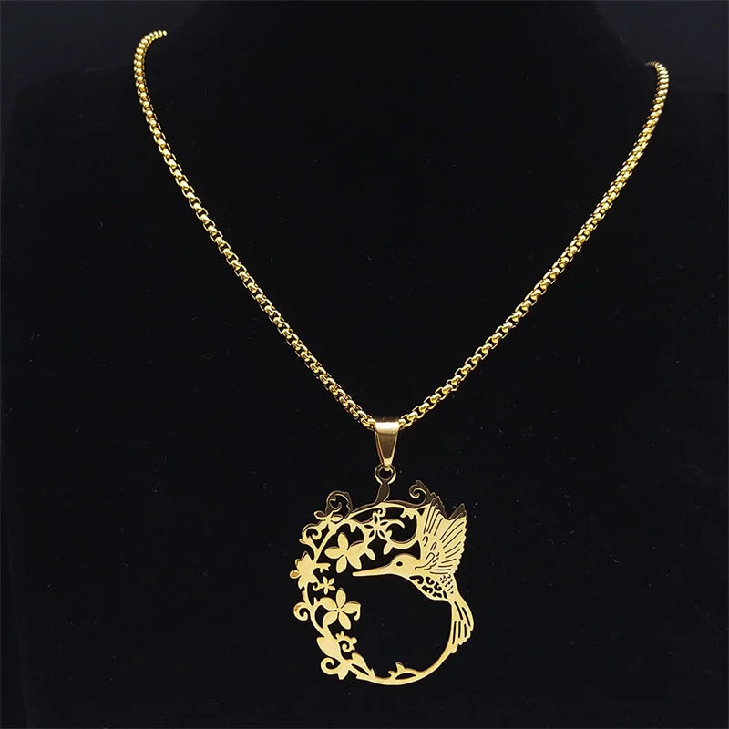 Bird Hummingbird Flower Necklace for Women Men Stainless Steel Gold Color Animal Pendant Necklaces Jewelry collar colibri N4626S