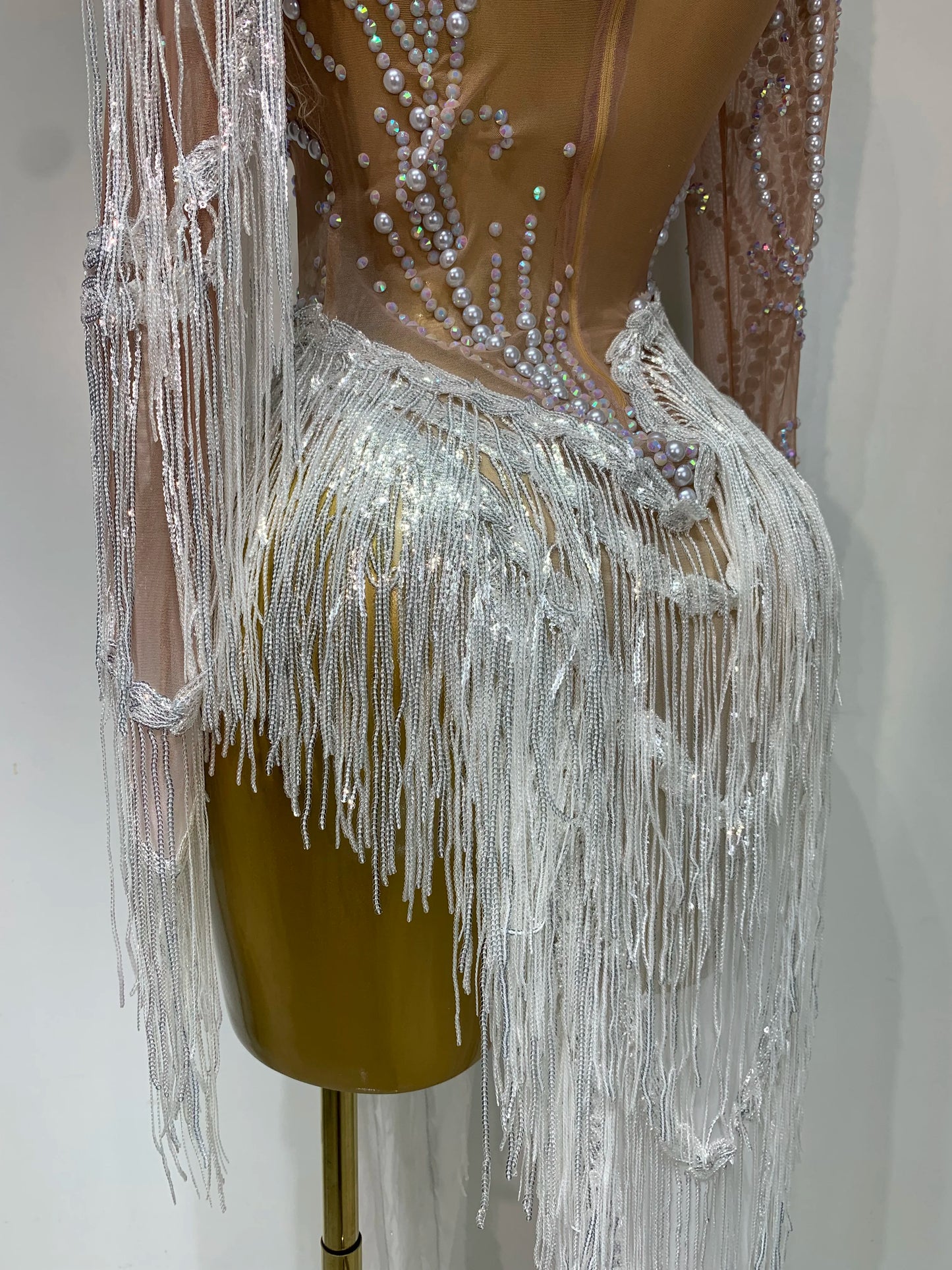 Sexy Rhinestone Sequins Tassel Mesh See Through Evening Party Nightclub Singer Sparkly Dress