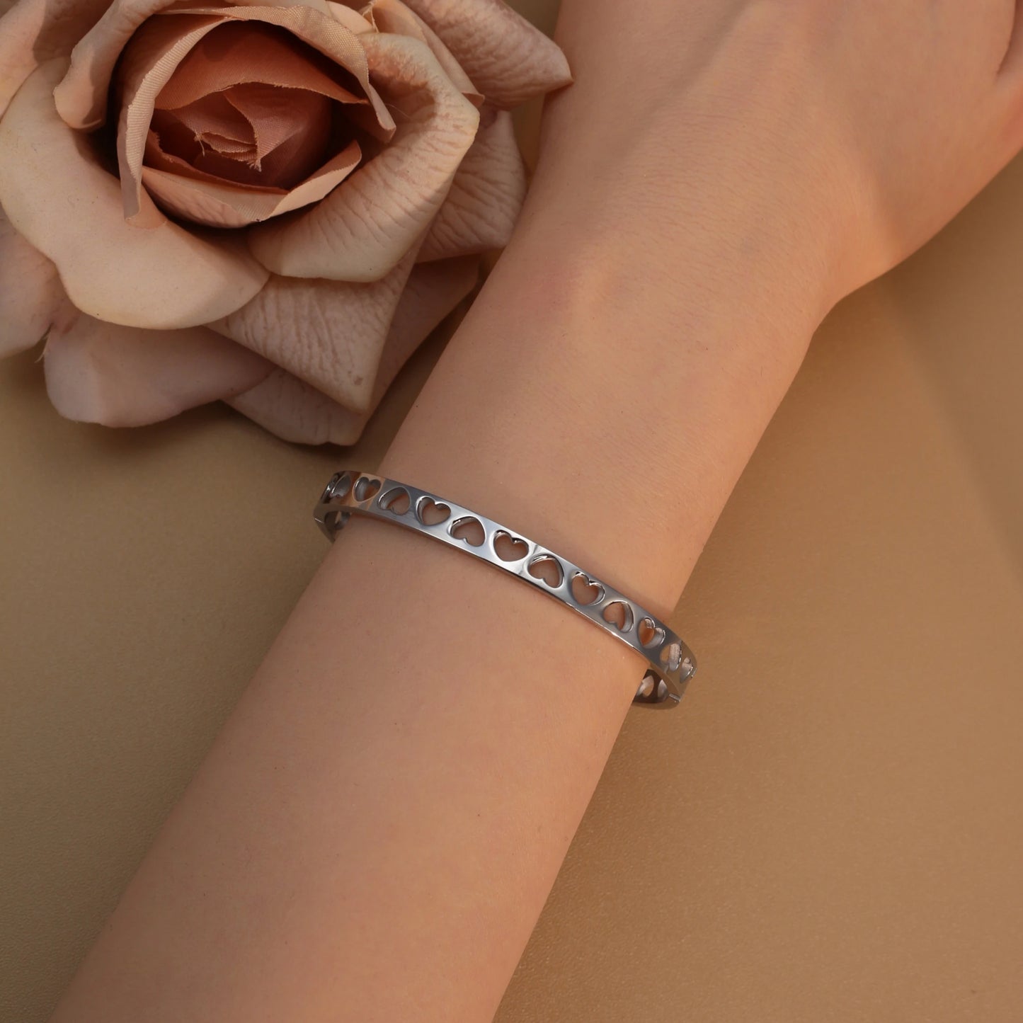 18K Gold-Plated LOVE Stainless Steel Zircon Openwork Bangle Bracelet Women's Jewelry