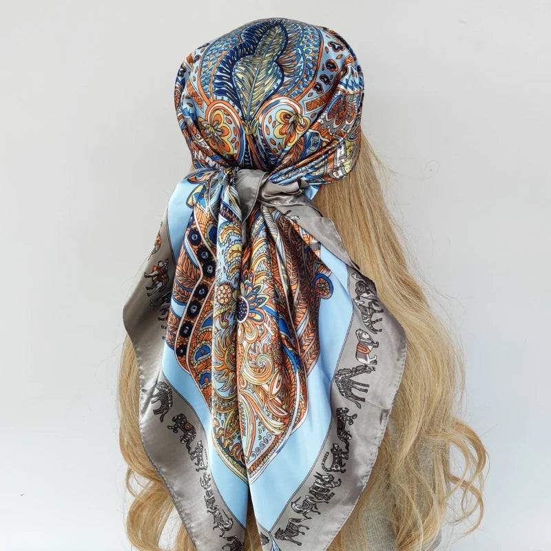 90cm Women Four Seasons Square Silk Satin Bandana Wrap Shawl Scarves Scarfs Spk7