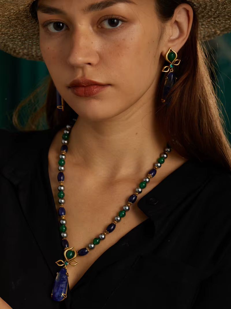 Women Long Blue Natural Stone Vintage Beaded Chain Pearl Designer Pendant Necklaces