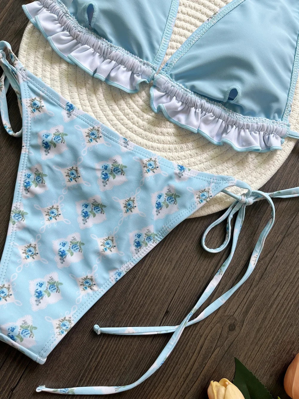 2pcs Sexy Lotus Leaf Edge Print Brazilian Swimsuit Triangle Thong Swimwear Suit
