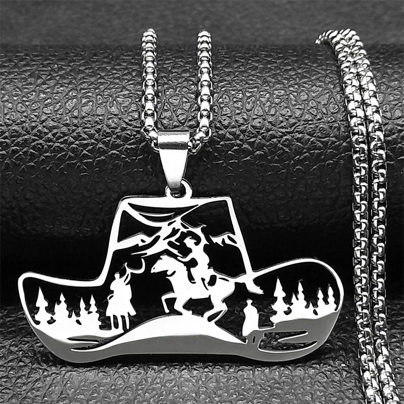 Horse Animal Western Cowboy Hat Tree Women Men Stainless Steel Silver Color Chain Necklace