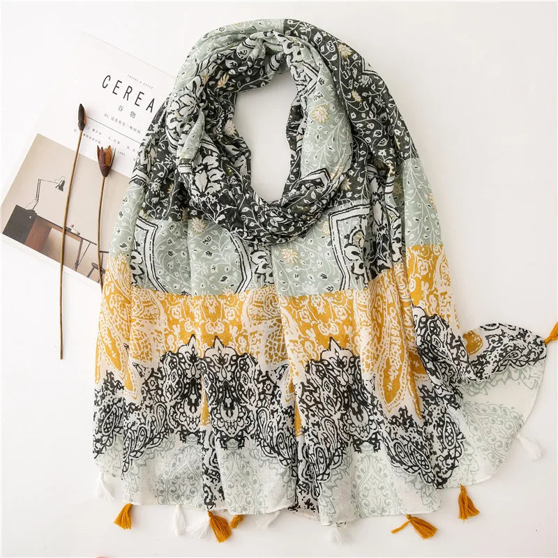 Women Fashion Large Cotton Flower Designs Tassel Prints Scarves Wrap Shawl Scarf