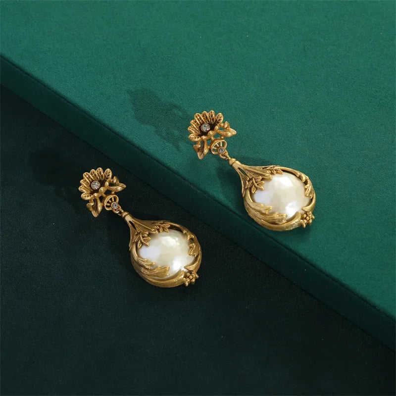 Women Vintage Baroque Pearl Dangle Yellow Flower Metal Carving Rose Water Drop Pendant Earrings