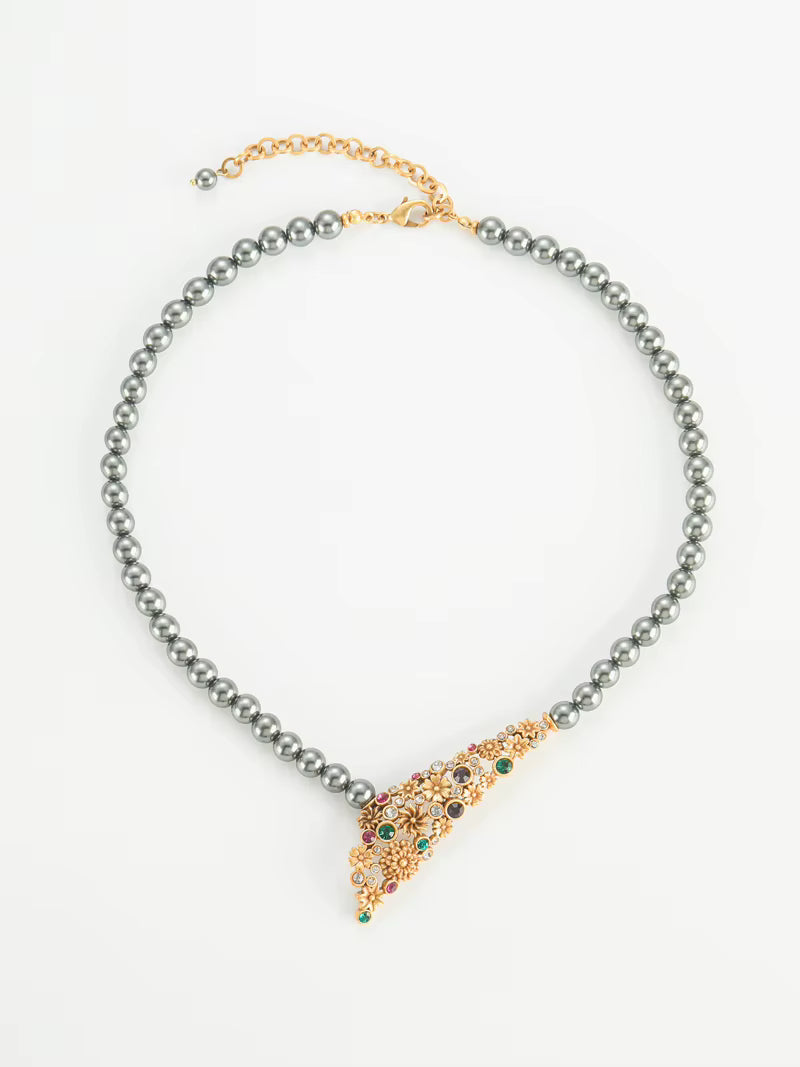 Gray Pearl Colorful Flower Gold Color Pendant Designer Wedding Bridal Necklace Jewelry
