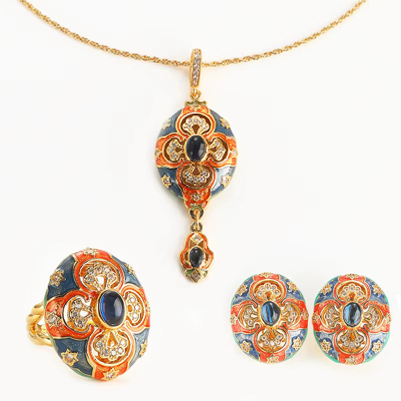 Women Hollowed Out Carvings Oval Enamel Dubai Gold Color Petal Pendant Necklace Earrings Rings