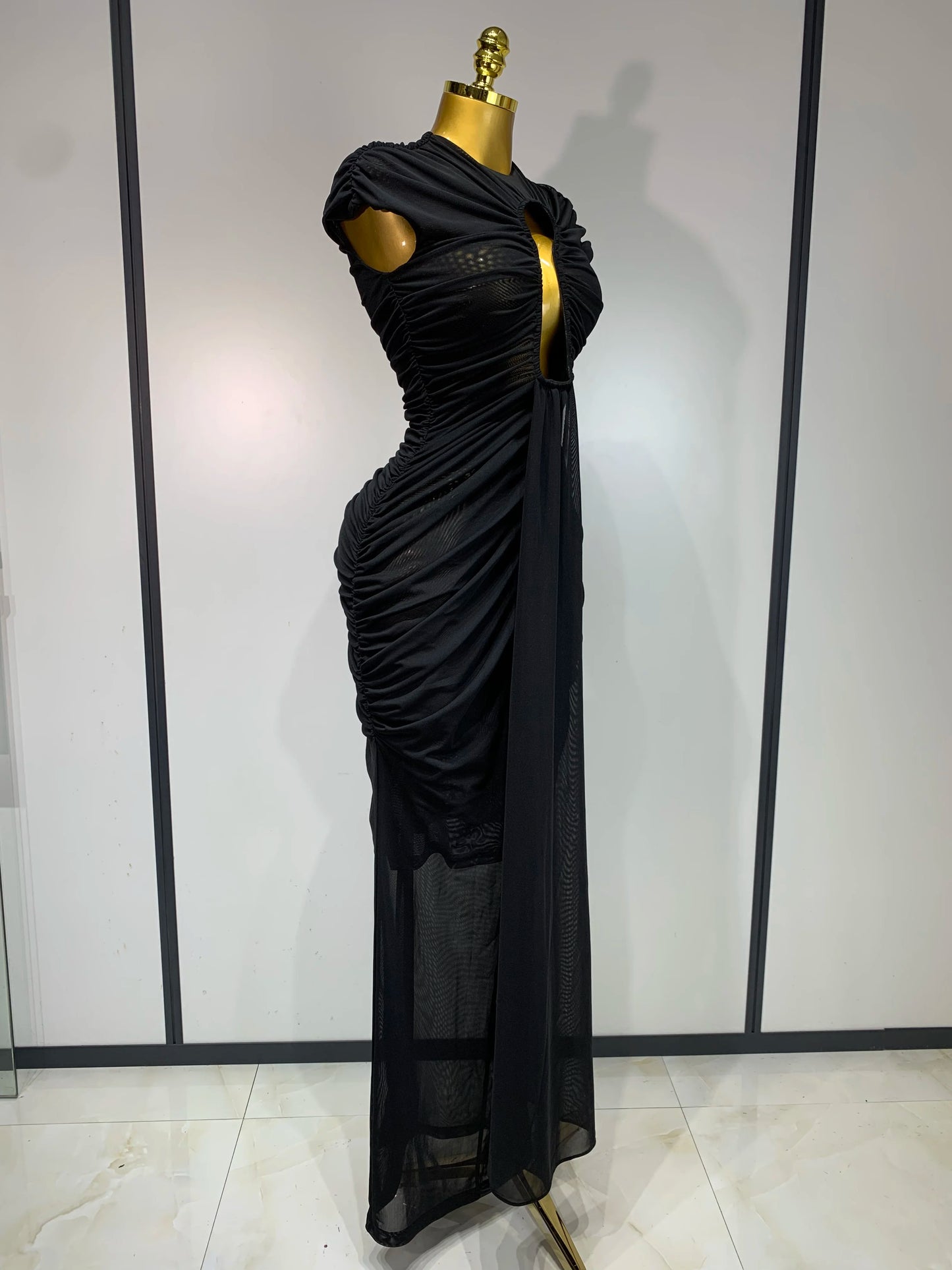 Sexy Sleeveless O-Neck Cut Out Bodycon Mesh Long Dress Celebrity Evening Party Club Dress