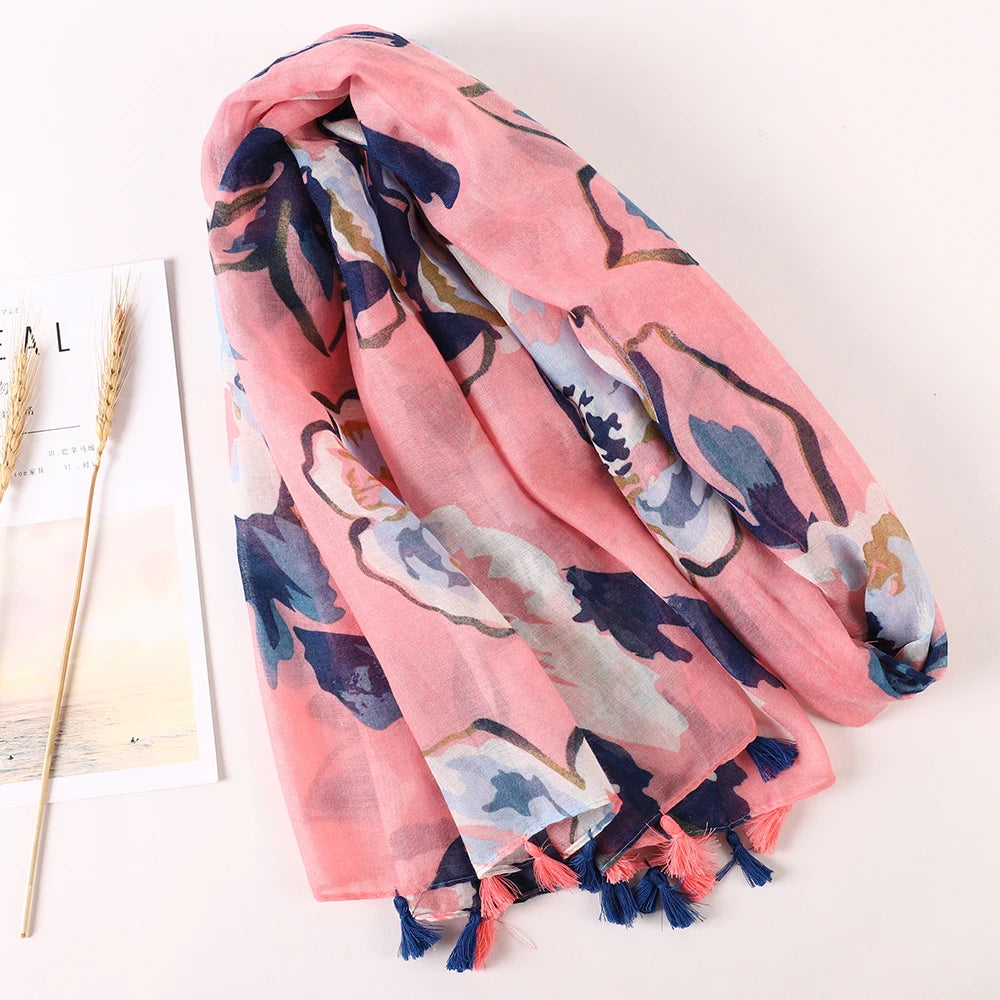 Women Fashion Large Cotton Flower Designs Tassel Prints Scarves Wrap Shawl Scarf