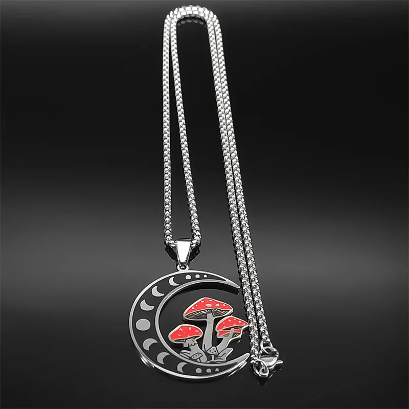 Witchcraft Moon Mushroom Pendant Necklace For Women Men Stainless Steel Silver Color Sun Trend Aesthetic Chain Jewelry Gifts
