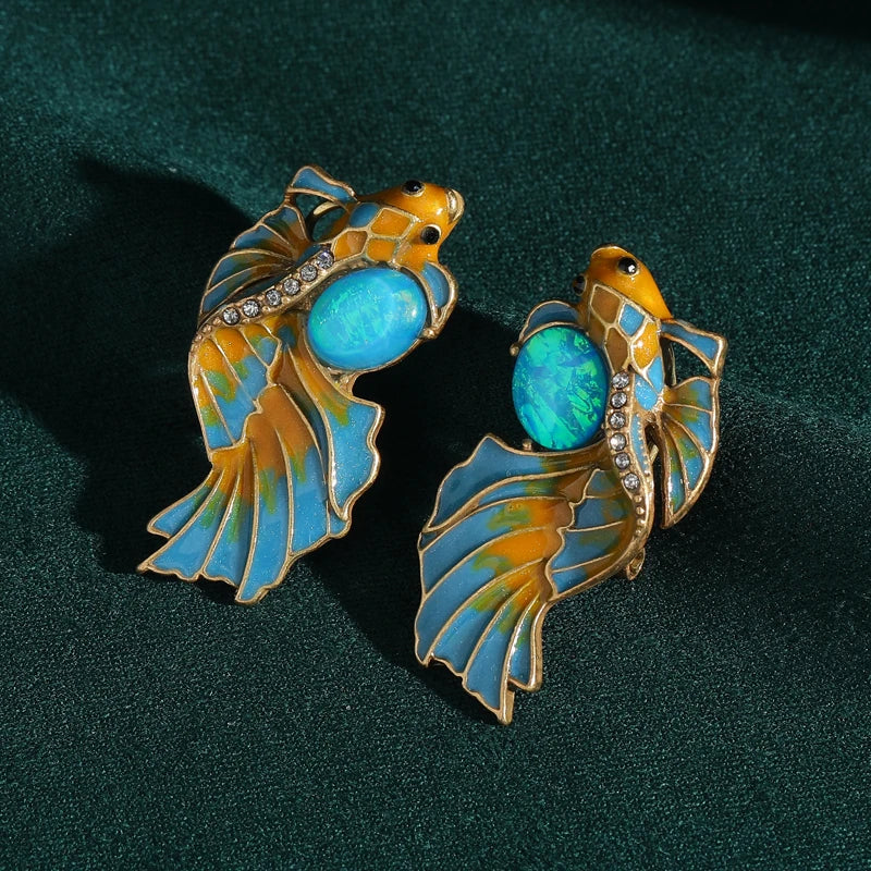 Woman Antique Vintage Enamel Goldfish Blue Natural Stone Stud Earrings