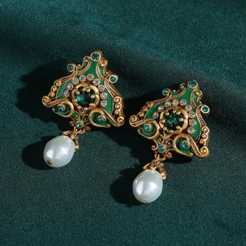 Vintage Pearl Triangle Green Flame Enamel Freshwater Wedding Pendant Earrings