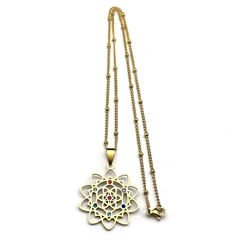 Sacred Geometry 7 Chakra Metatron Stainless Steel Flower of Life Gold Color Chain Necklace