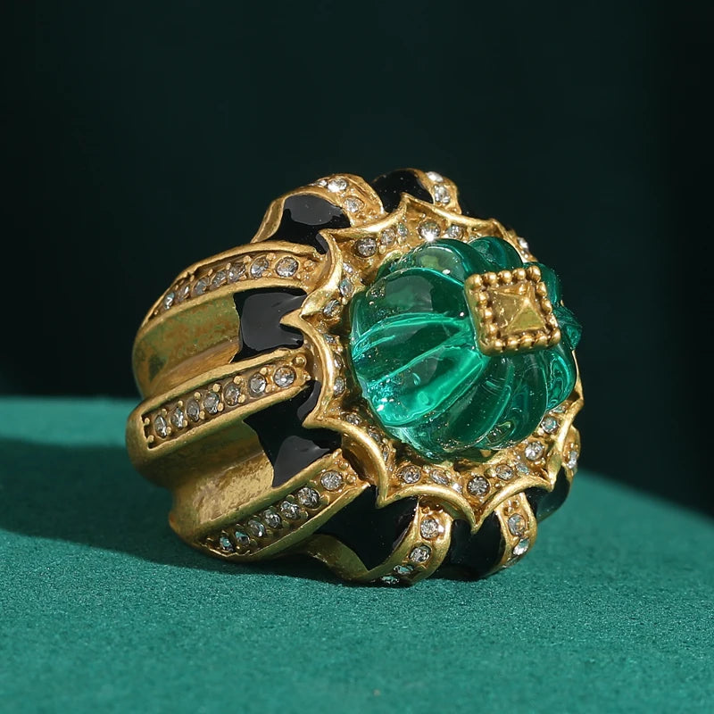 Women Vintage Pumpkin Blue Crystal Open Black Dripping Oil Halloween Ring