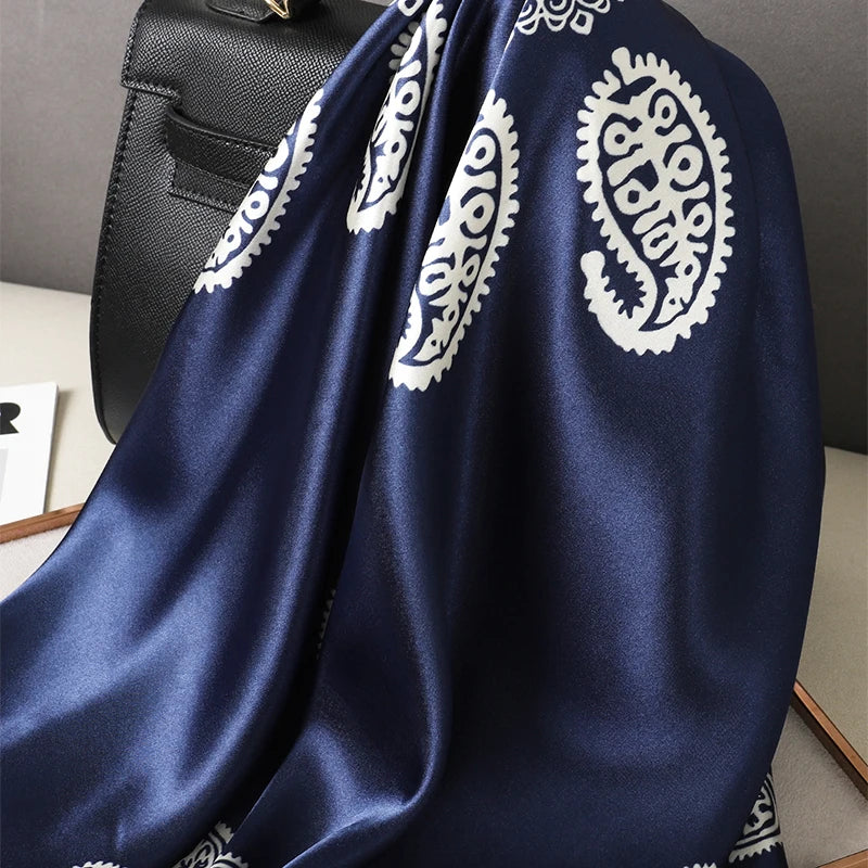 90cm Women Vintage Paisley Square Silk Shawls Printed Wraps Bandana Scarves