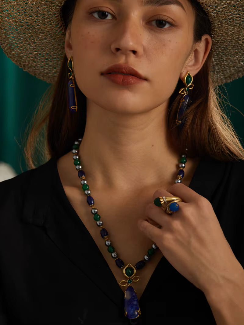 Women Long Blue Natural Stone Vintage Beaded Chain Pearl Designer Pendant Necklaces