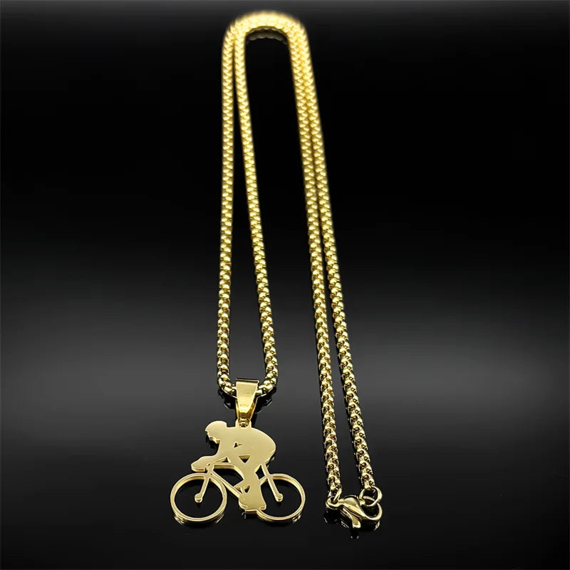 Bicycle Road Pendant Necklace for Men Stainless Steel Gold Color Sports Style Chain Jewelry Gifts accesorios para hombre kette