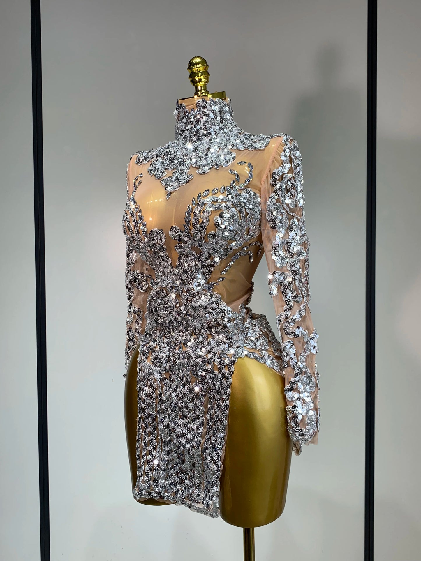 Sparkly Silver Gold Sequins Shor Sexy High Slit Nightclub Evening Party Birthday Dress